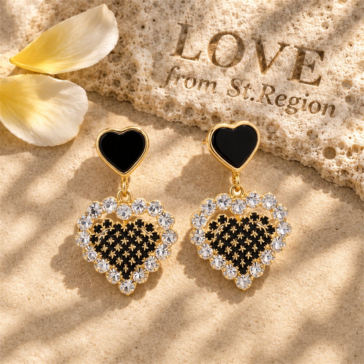 Black Enamel and Cubic Zirconia Heart Drop Earrings, drop earrings for women, dainty minimalist design, lifestyle look