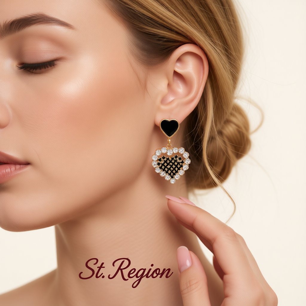 Black Enamel and Cubic Zirconia Heart Drop Earrings, drop earrings for women, dainty minimalist design, styled look