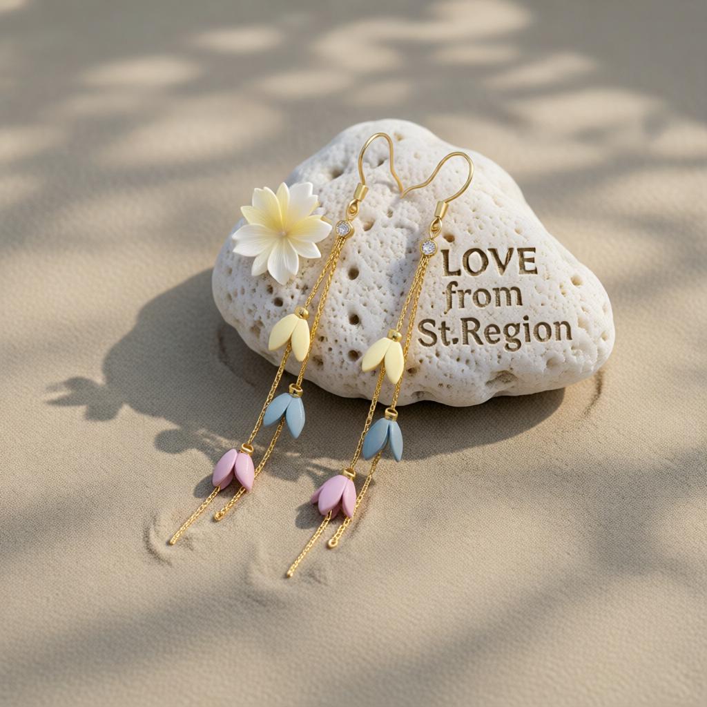 Cubic Zirconia and Enamel 18K Gold-Plated Linked Floral Tassel Drop Earrings, gold drop earrings for women, lifestyle look