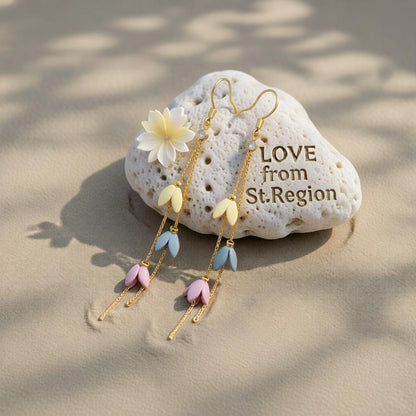Cubic Zirconia and Enamel 18K Gold-Plated Linked Floral Tassel Drop Earrings, gold drop earrings for women, lifestyle look