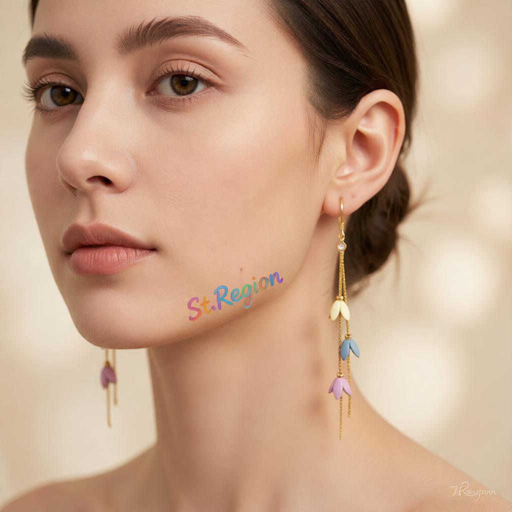 Cubic Zirconia and Enamel 18K Gold-Plated Linked Floral Tassel Drop Earrings, gold drop earrings for women, styled look