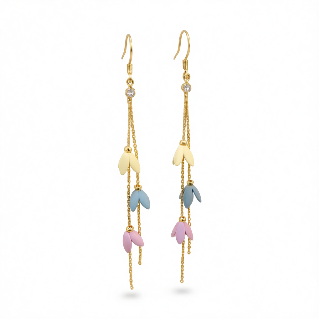 Cubic Zirconia & Enamel 18K Gold-Plated Linked Floral Tassel Drop Earrings