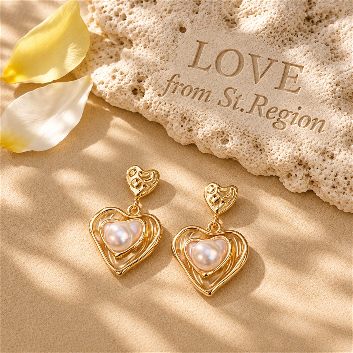 Pearl and Enamel 18K Gold-Plated Stacked Heart Drop Earrings, gold drop earrings for women, lifestyle look