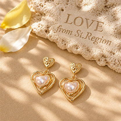 Pearl and Enamel 18K Gold-Plated Stacked Heart Drop Earrings, gold drop earrings for women, lifestyle look