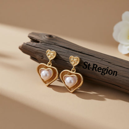 Pearl and Enamel 18K Gold-Plated Stacked Heart Drop Earrings, gold drop earrings for women, elegant gift for her, front view