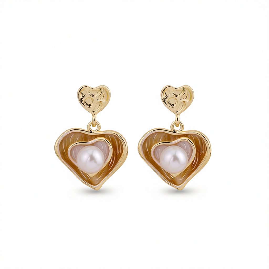 Pearl and Enamel 18K Gold-Plated Stacked Heart Drop Earrings, gold drop earrings for women, elegant gift for her, side view