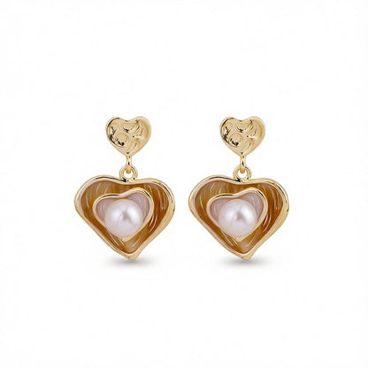 Pearl and Enamel 18K Gold-Plated Stacked Heart Drop Earrings, gold drop earrings for women, elegant gift for her, side view