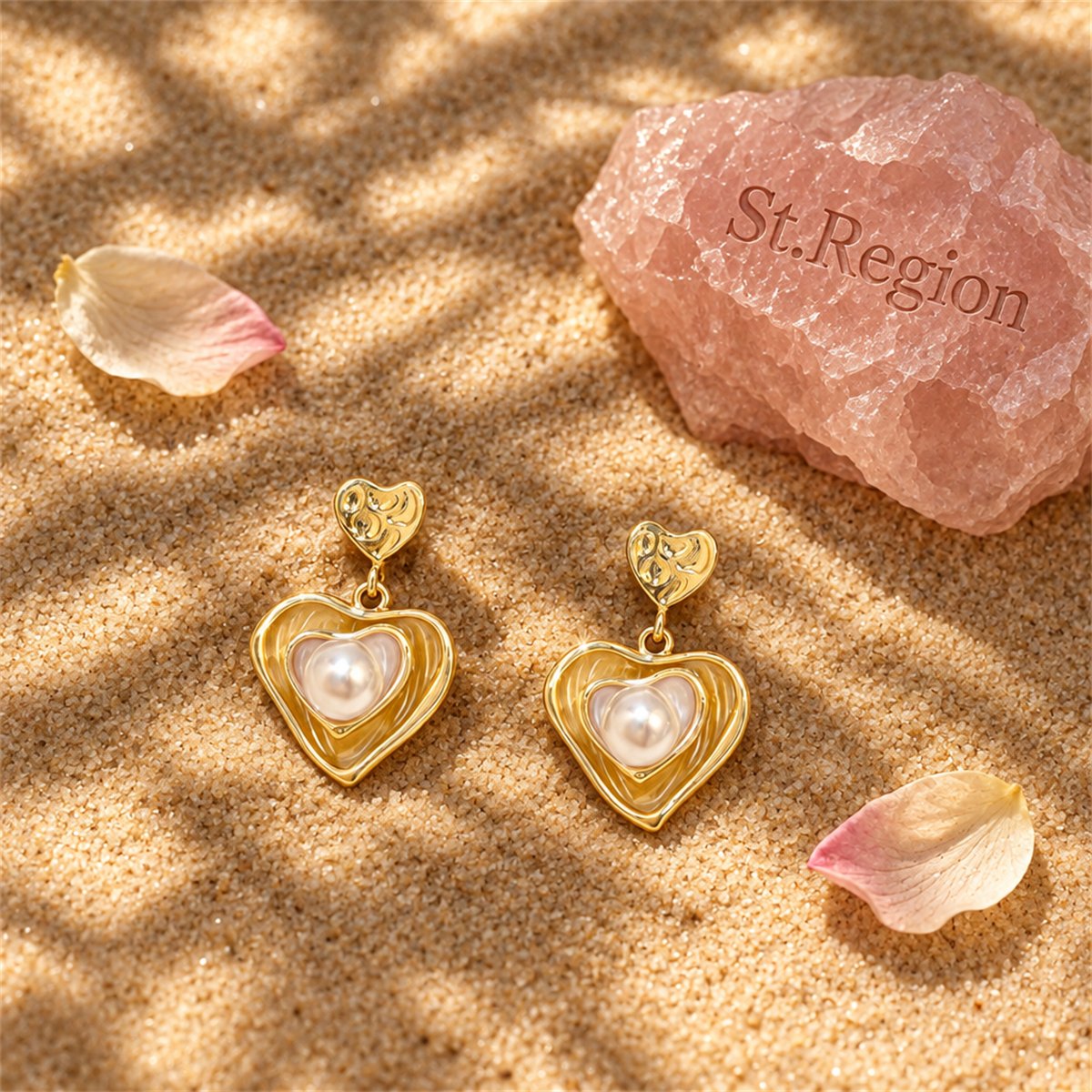 Pearl and Enamel 18K Gold-Plated Stacked Heart Drop Earrings, gold drop earrings for women, detail close-up