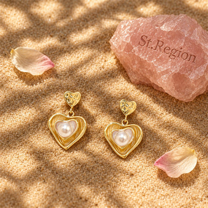 Pearl and Enamel 18K Gold-Plated Stacked Heart Drop Earrings, gold drop earrings for women, detail close-up