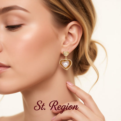 Pearl and Enamel 18K Gold-Plated Stacked Heart Drop Earrings, gold drop earrings for women, elegant gift for her, styled look