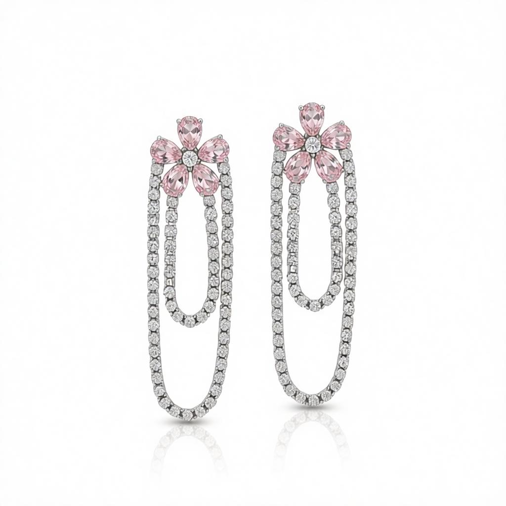 Crystal and Cubic Zirconia Silver-Plated Floral Tassel Drop Earrings, silver drop earrings for women, side view