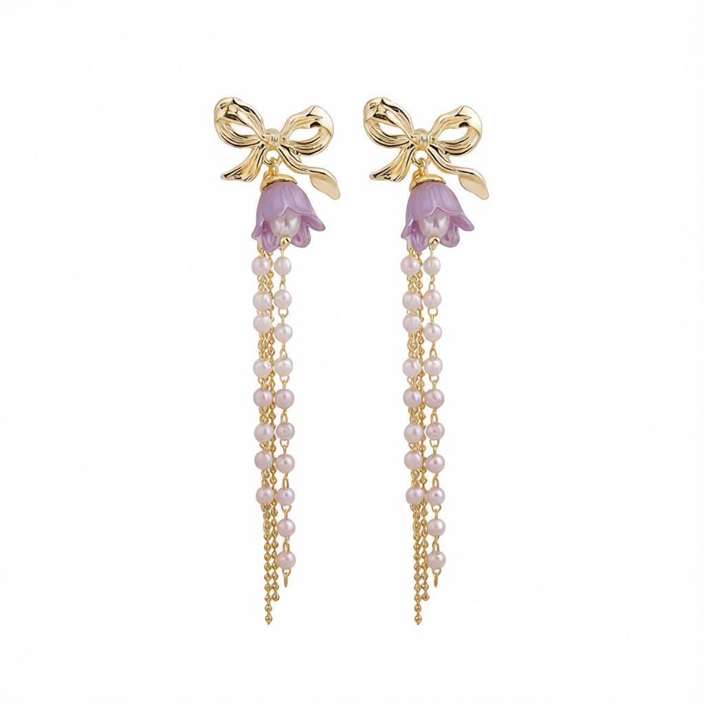 Purple Acrylic and Pearl 18K Gold-Plated Bow Flower Tassel Drop Earrings, gold drop earrings for women, side view