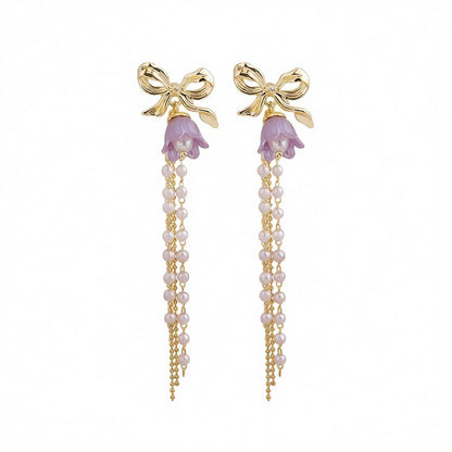 Purple Acrylic and Pearl 18K Gold-Plated Bow Flower Tassel Drop Earrings, gold drop earrings for women, side view