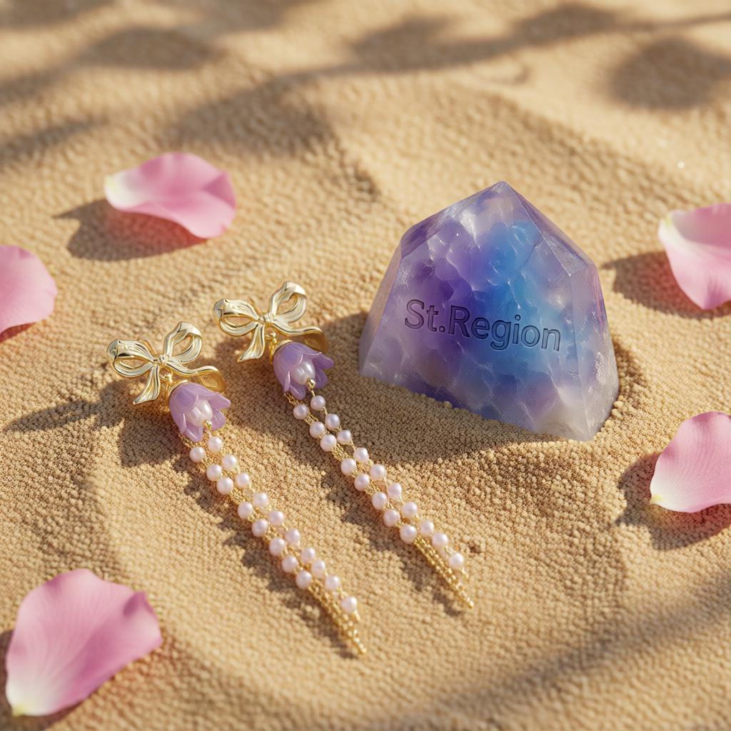 Purple Acrylic and Pearl 18K Gold-Plated Bow Flower Tassel Drop Earrings, gold drop earrings for women, detail close-up