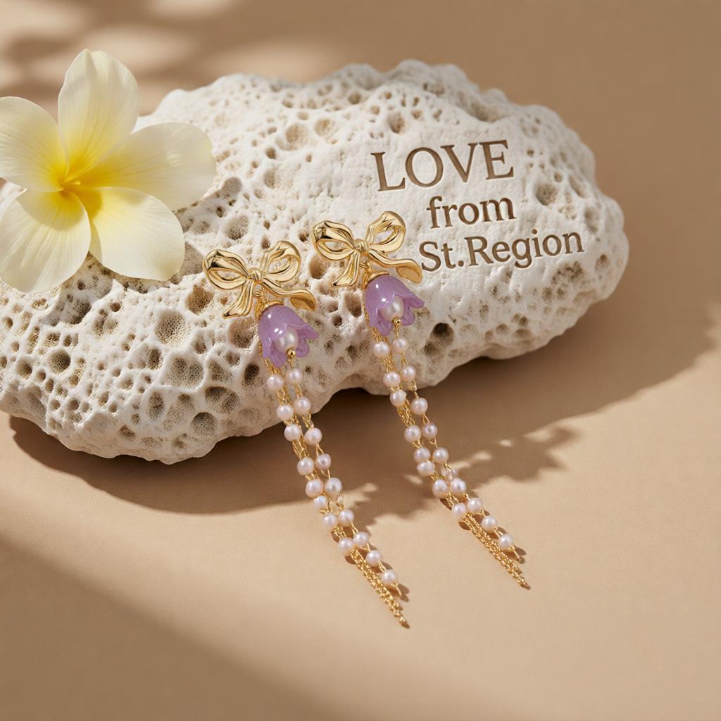Purple Acrylic and Pearl 18K Gold-Plated Bow Flower Tassel Drop Earrings, gold drop earrings for women, lifestyle look