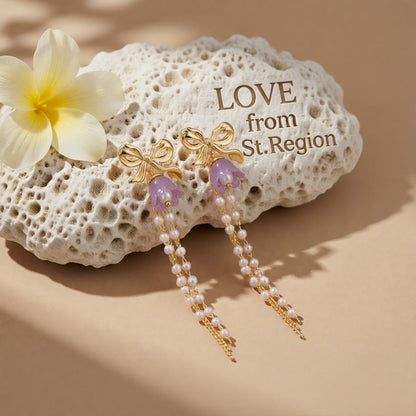 Purple Acrylic and Pearl 18K Gold-Plated Bow Flower Tassel Drop Earrings, gold drop earrings for women, lifestyle look