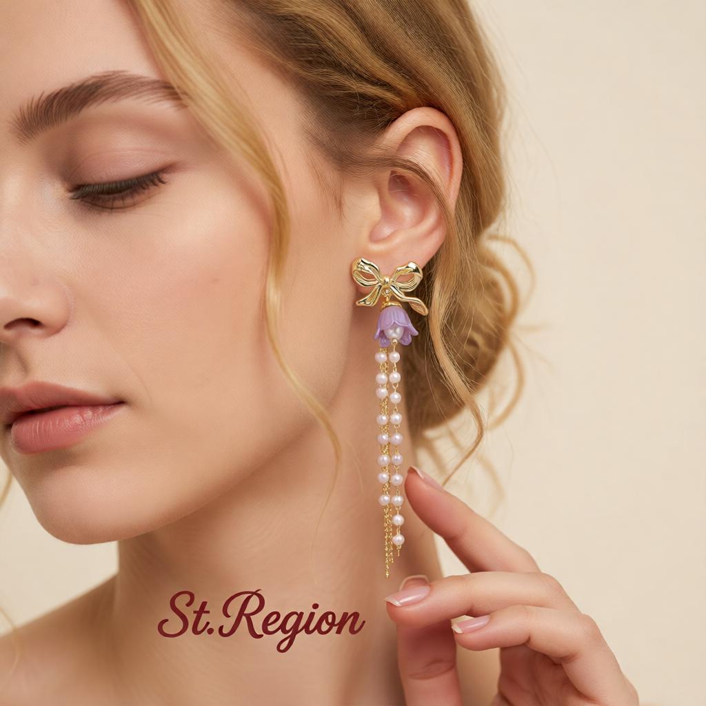 Purple Acrylic and Pearl 18K Gold-Plated Bow Flower Tassel Drop Earrings, gold drop earrings for women, styled look