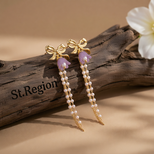 Purple Acrylic & Pearl 18K Gold-Plated Bow Flower Tassel Drop Earrings