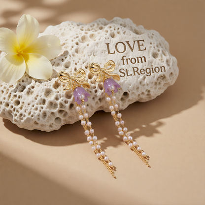 Purple Acrylic & Pearl 18K Gold-Plated Bow Flower Tassel Drop Earrings