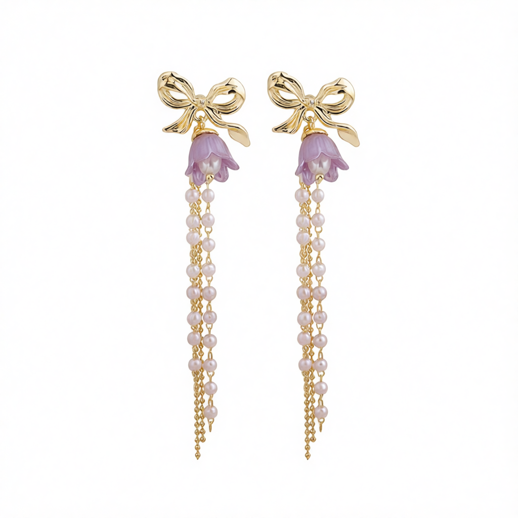 Purple Acrylic & Pearl 18K Gold-Plated Bow Flower Tassel Drop Earrings