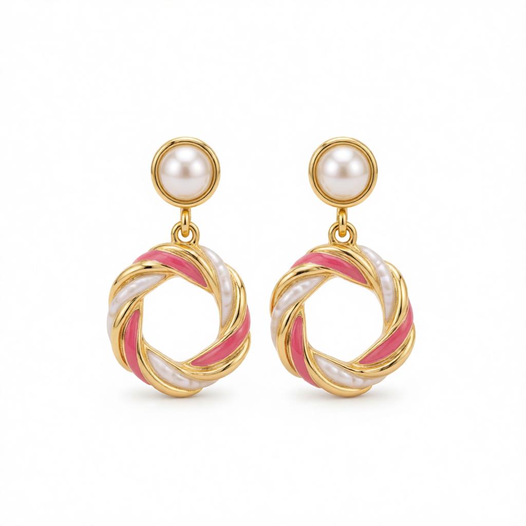 Pearl & White Enamel 18K Gold-Plated Twine Round Drop Earrings