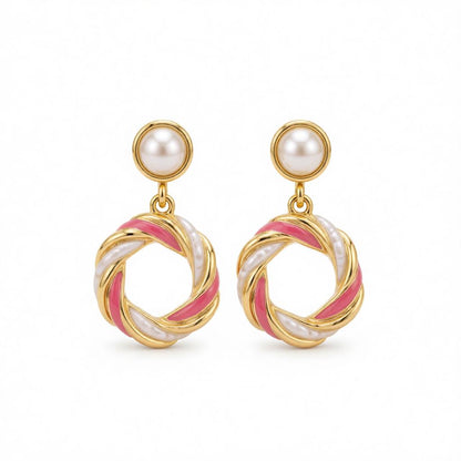 Pearl & White Enamel 18K Gold-Plated Twine Round Drop Earrings