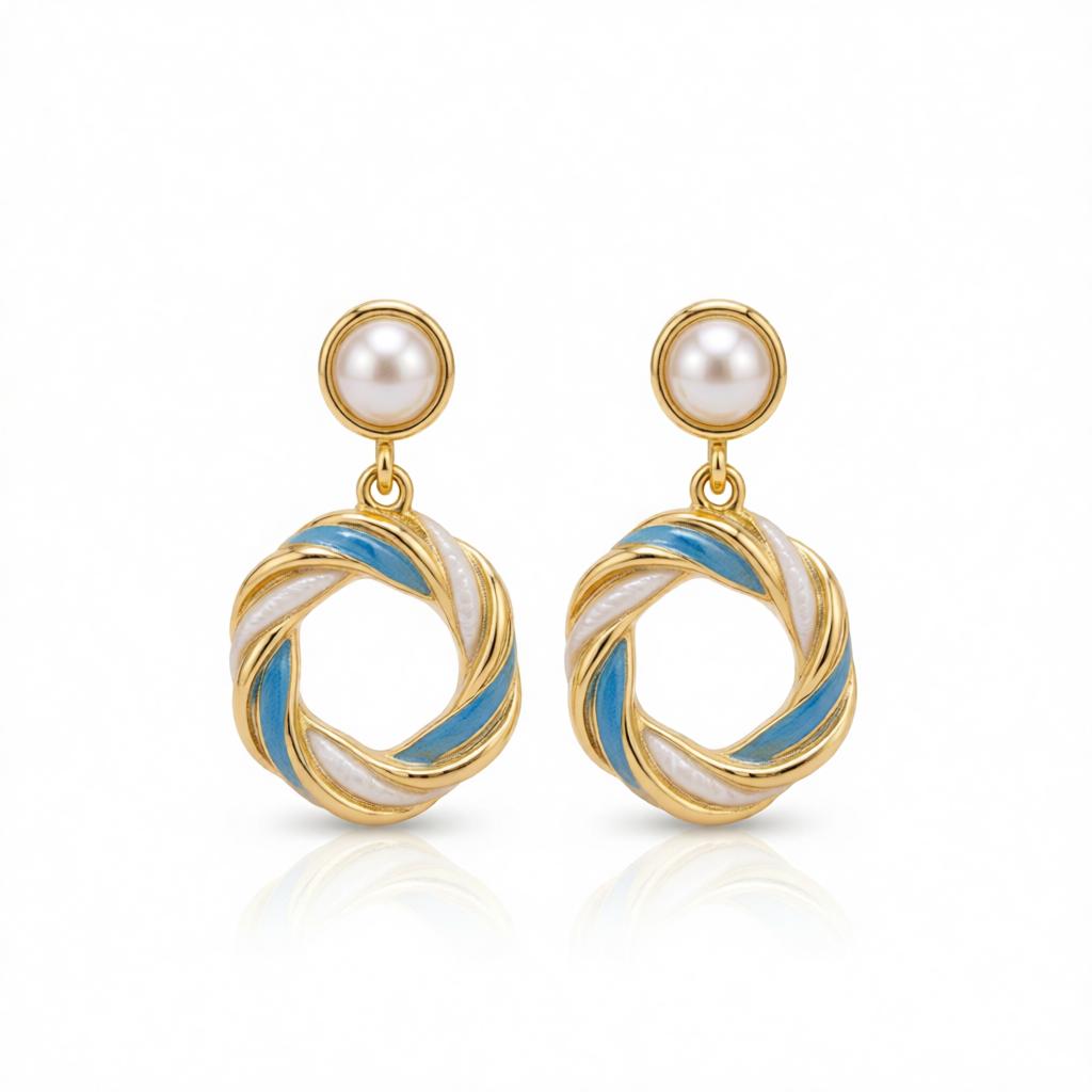 Blue Enamel and Pearl 18K Gold-Plated Twine Round Drop Earrings, gold drop earrings for women, everyday style, side view