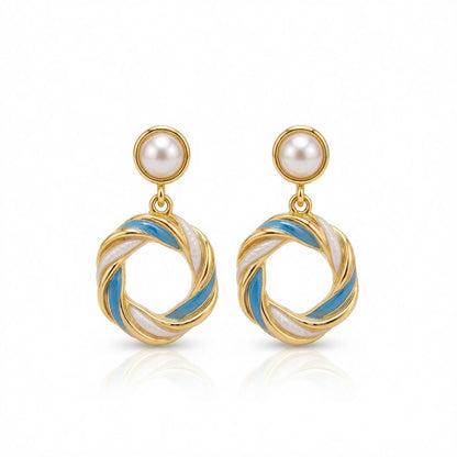 Blue Enamel and Pearl 18K Gold-Plated Twine Round Drop Earrings, gold drop earrings for women, everyday style, side view