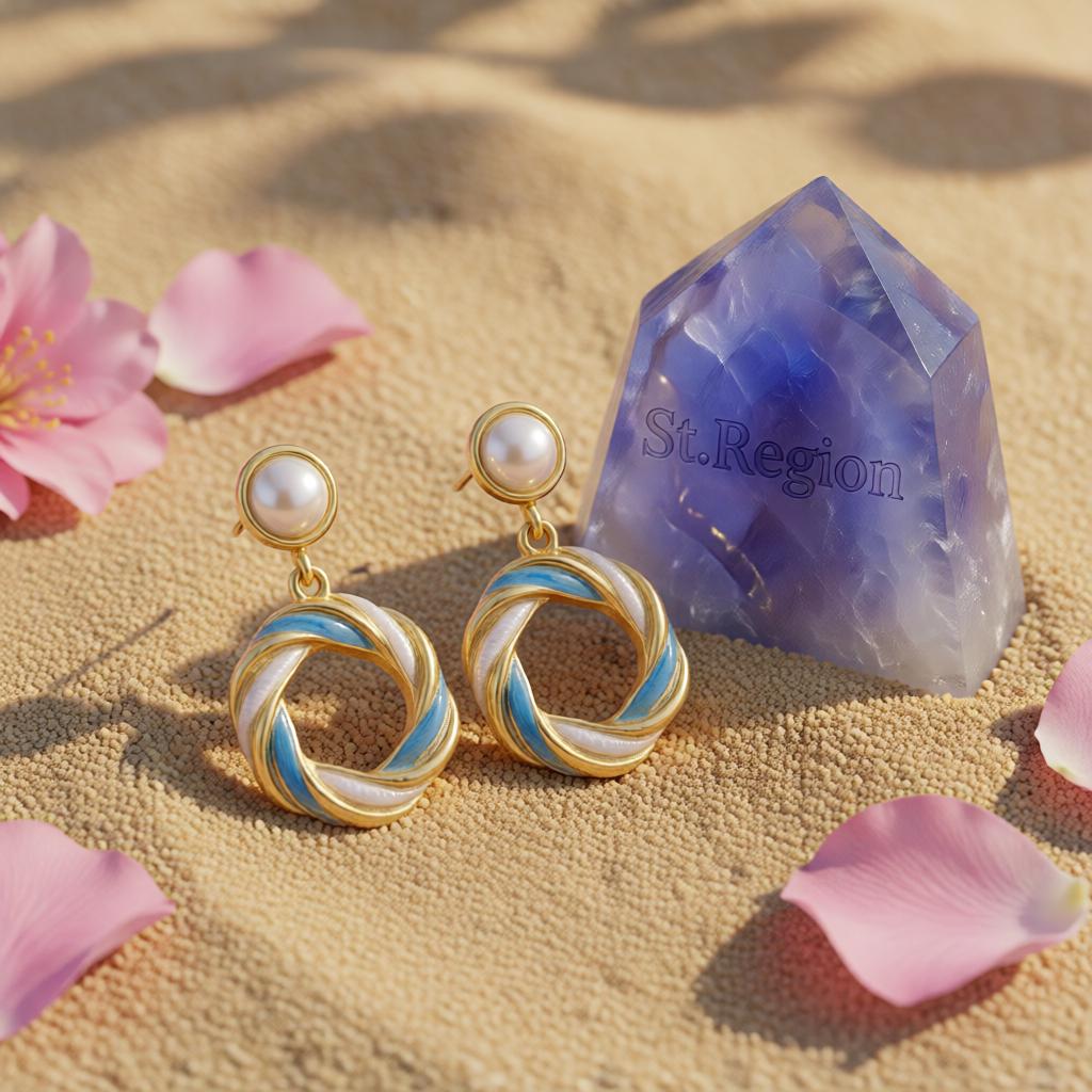 Blue Enamel and Pearl 18K Gold-Plated Twine Round Drop Earrings, gold drop earrings for women, detail close-up