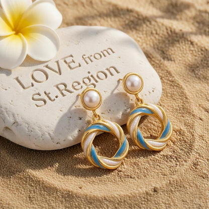 Blue Enamel and Pearl 18K Gold-Plated Twine Round Drop Earrings, gold drop earrings for women, everyday style, lifestyle look