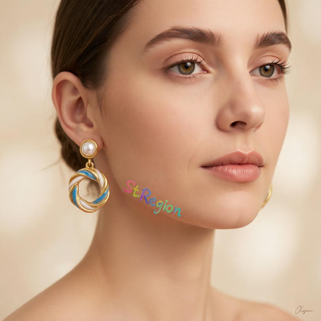 Blue Enamel and Pearl 18K Gold-Plated Twine Round Drop Earrings, gold drop earrings for women, everyday style, styled look