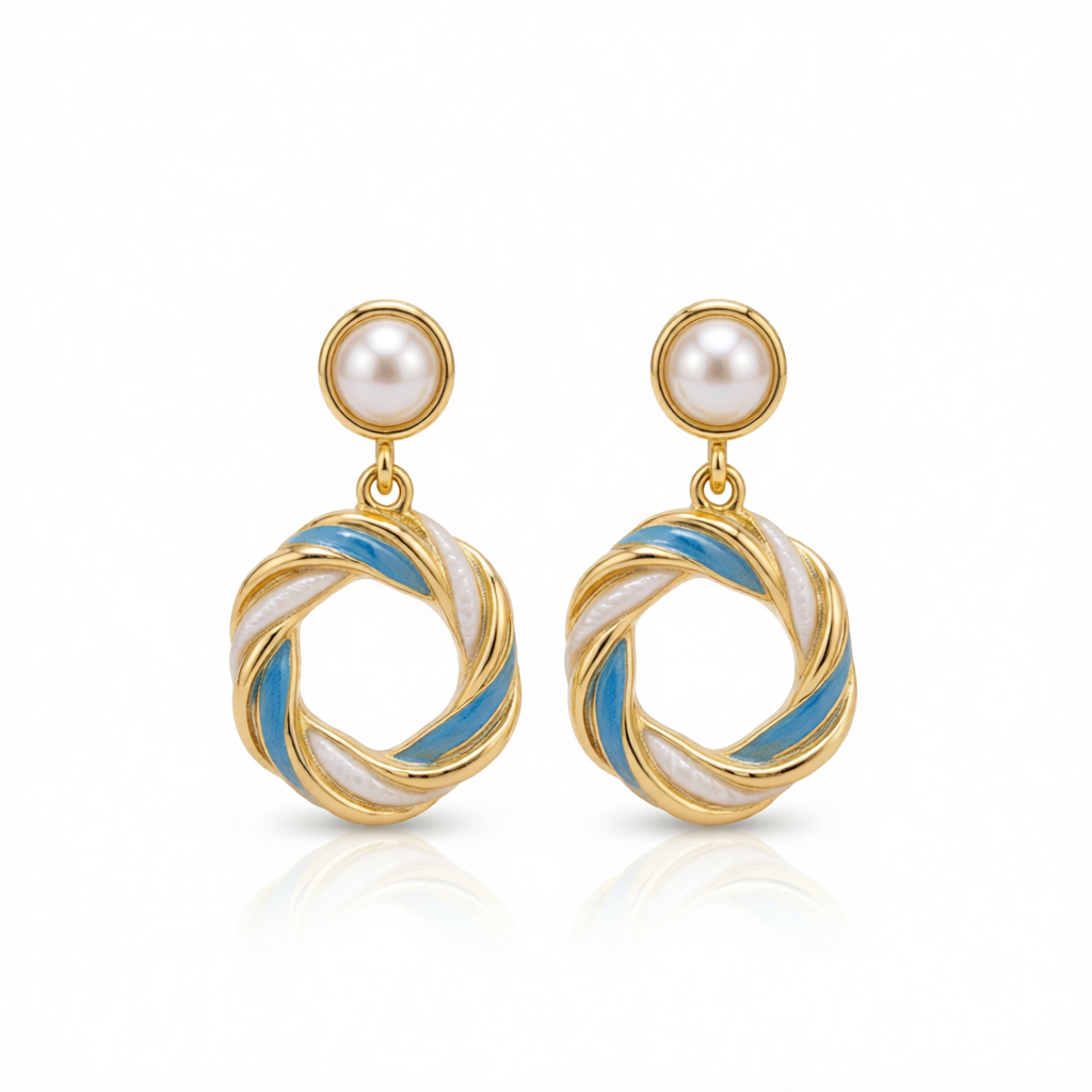 Blue Enamel & Pearl 18K Gold-Plated Twine Round Drop Earrings