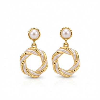 Pearl & Enamel 18K Gold-Plated Twine Round Drop Earrings