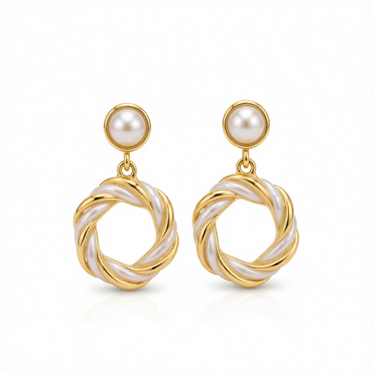 Pearl & Enamel 18K Gold-Plated Twine Round Drop Earrings