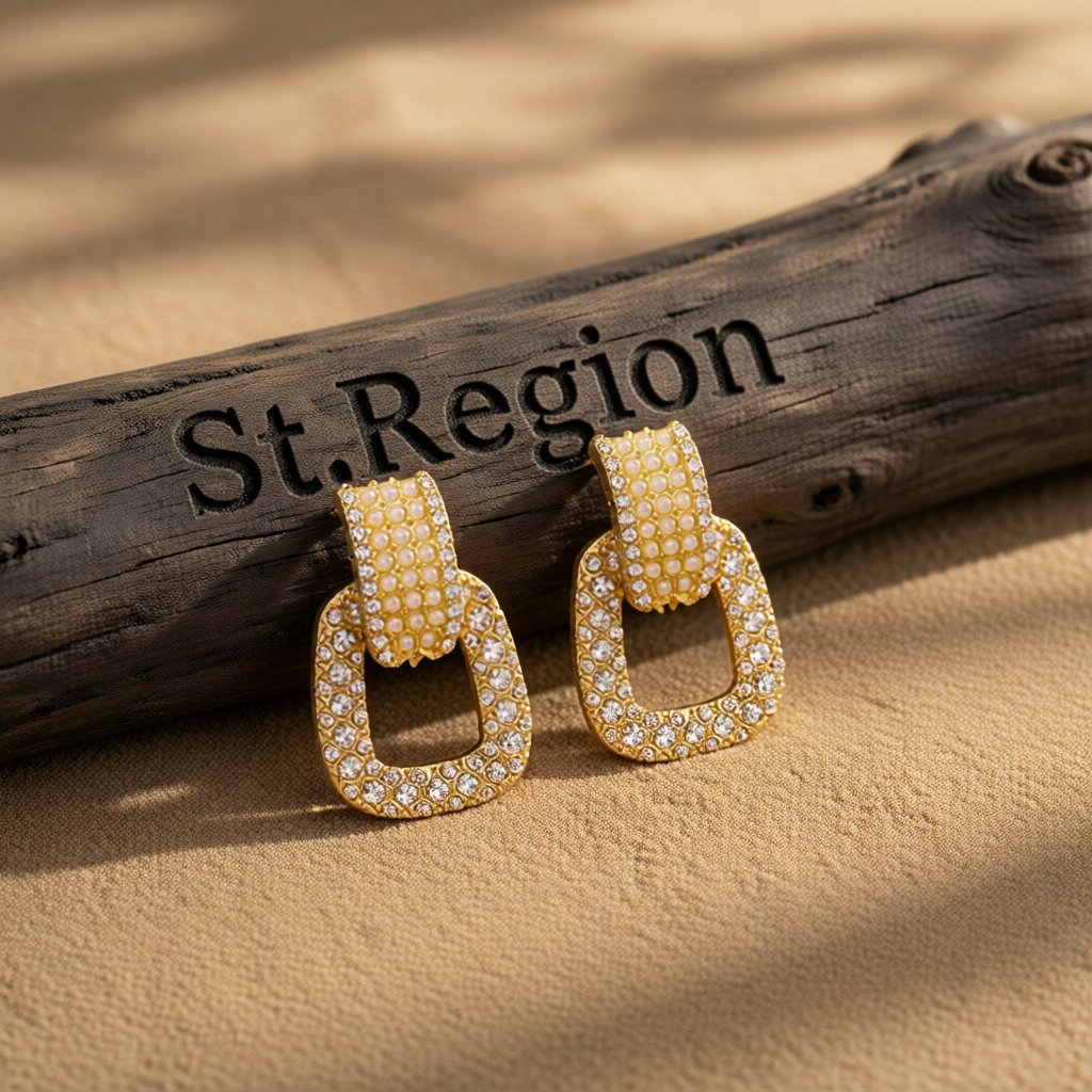 Cubic Zirconia and Pearl Open-Link Drop Earrings, drop earrings for women, dainty minimalist design, front view