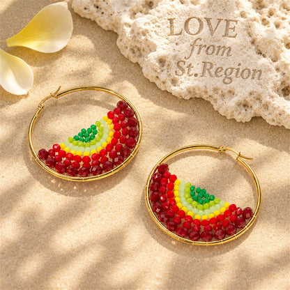 Red and 18K Gold-Plated Melon Bead-Detail Hoop Earrings, gold hoop earrings for women, elegant gift for her, lifestyle look