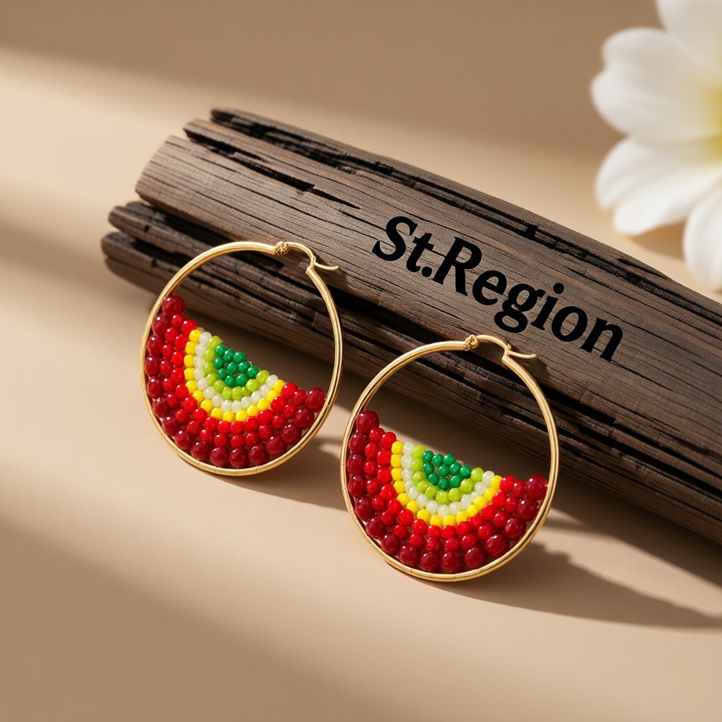 Red and 18K Gold-Plated Melon Bead-Detail Hoop Earrings, gold hoop earrings for women, elegant gift for her, front view