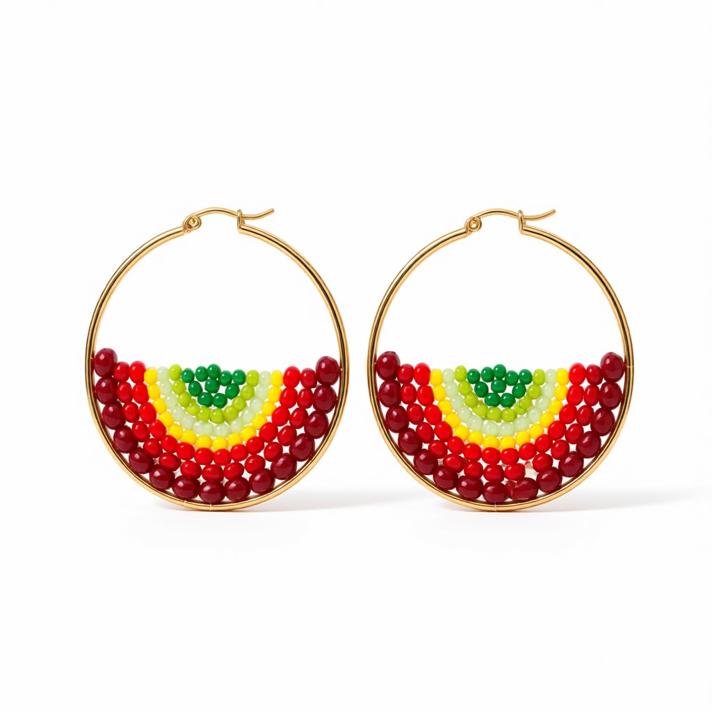 Red and 18K Gold-Plated Melon Bead-Detail Hoop Earrings, gold hoop earrings for women, elegant gift for her, side view