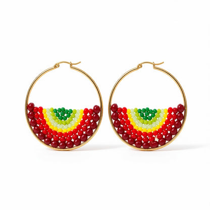 Red and 18K Gold-Plated Melon Bead-Detail Hoop Earrings, gold hoop earrings for women, elegant gift for her, side view