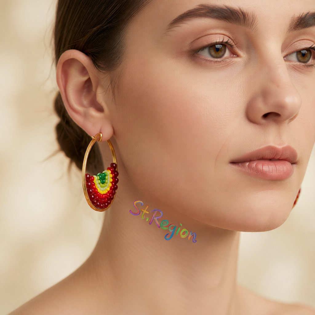 Red and 18K Gold-Plated Melon Bead-Detail Hoop Earrings, gold hoop earrings for women, elegant gift for her, styled look