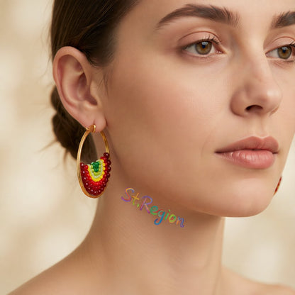 Red and 18K Gold-Plated Melon Bead-Detail Hoop Earrings, gold hoop earrings for women, elegant gift for her, styled look