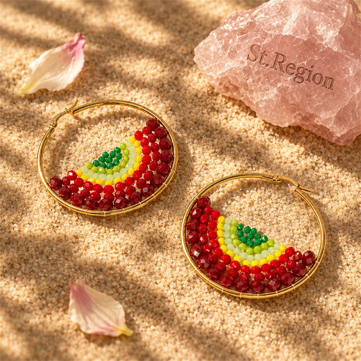 Red and 18K Gold-Plated Melon Bead-Detail Hoop Earrings, gold hoop earrings for women, elegant gift for her, detail close-up