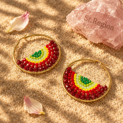 Red and 18K Gold-Plated Melon Bead-Detail Hoop Earrings, gold hoop earrings for women, elegant gift for her, detail close-up