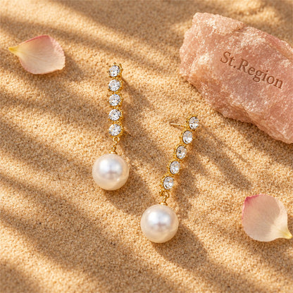 Cubic Zirconia and Pearl 18K Gold-Plated Drop Earrings, gold drop earrings for women, everyday style, detail close-up