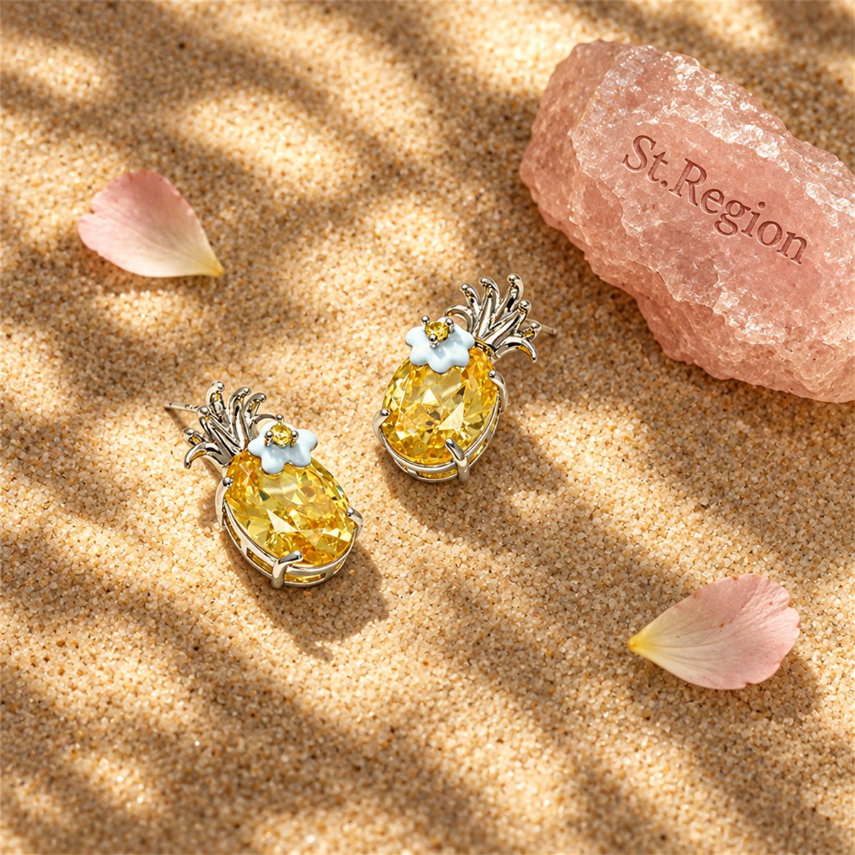Yellow Crystal and Cubic Zirconia Flower Oval Drop Earrings, drop earrings for women, detail close-up
