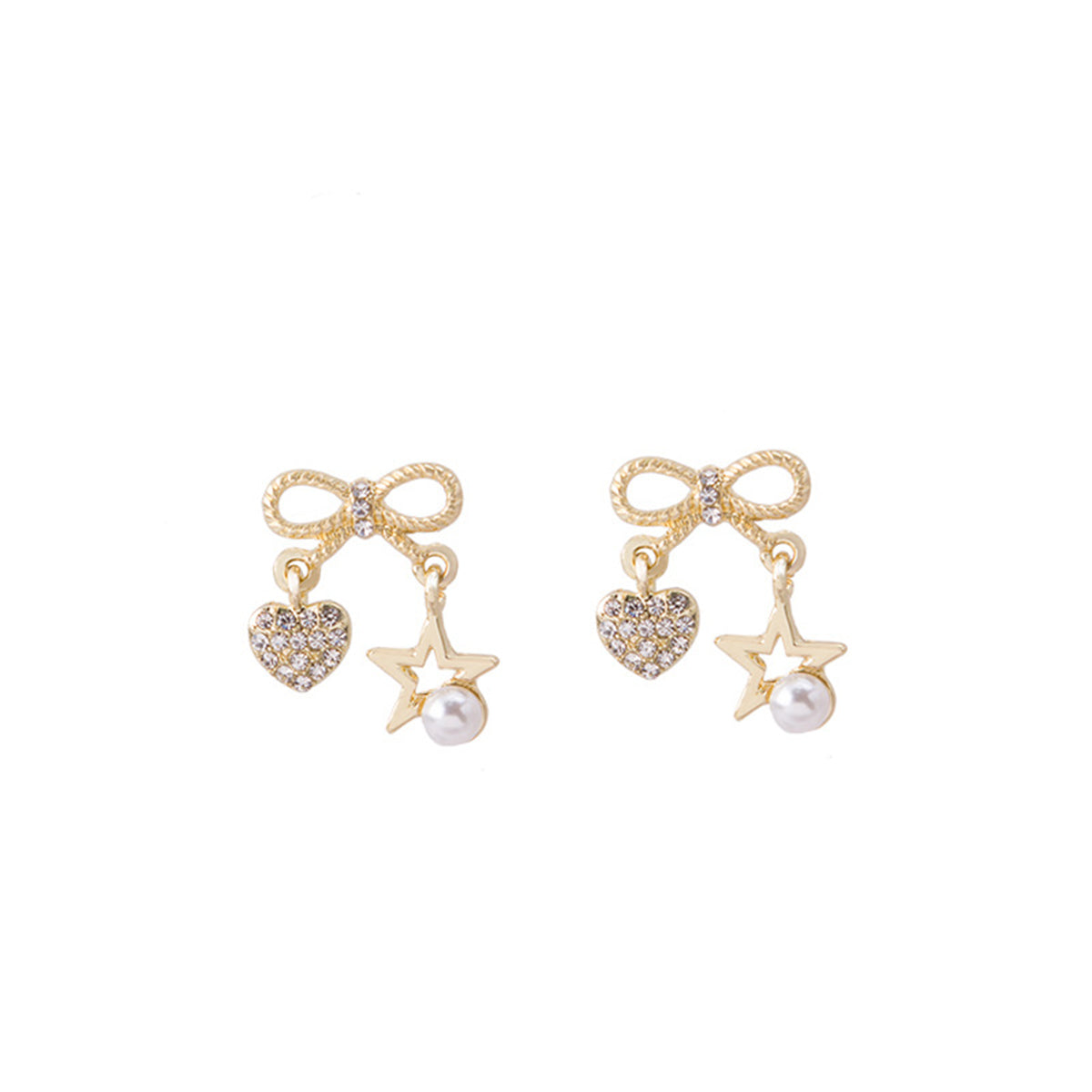 Cubic Zirconia and Pearl 18K Gold-Plated Bow Heart Star Drop Earrings, gold drop earrings for women, lifestyle look