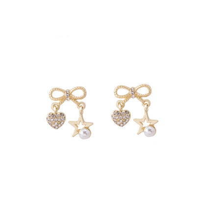 Cubic Zirconia and Pearl 18K Gold-Plated Bow Heart Star Drop Earrings, gold drop earrings for women, lifestyle look