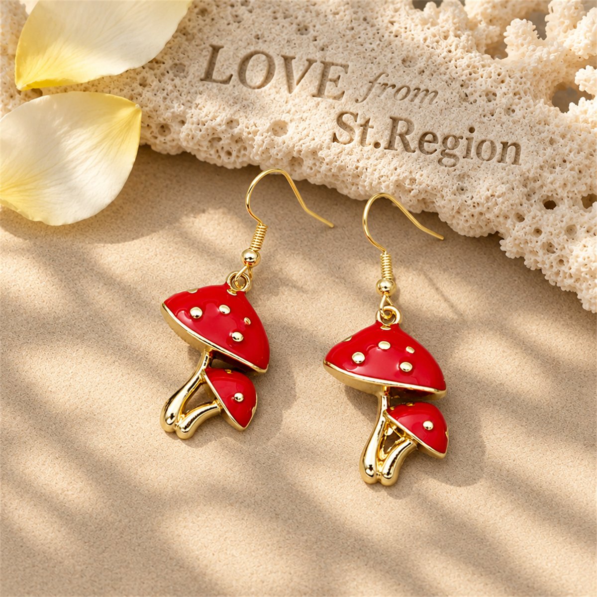 Red Enamel and 18K Gold-Plated Mushroom Drop Earrings, gold drop earrings for women, botanical inspired, lifestyle look