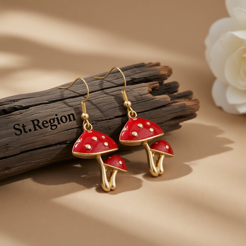 Red Enamel and 18K Gold-Plated Mushroom Drop Earrings, gold drop earrings for women, botanical inspired, front view