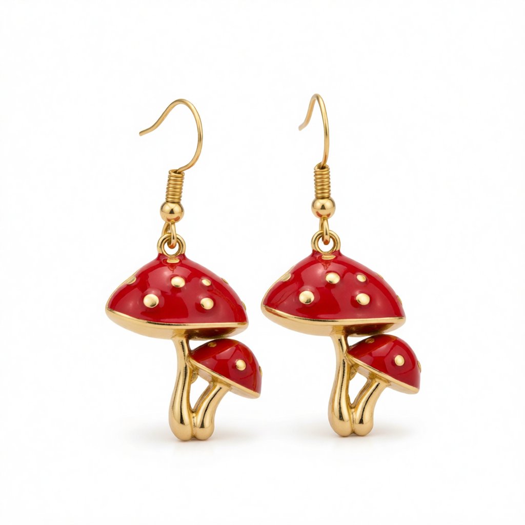 Red Enamel and 18K Gold-Plated Mushroom Drop Earrings, gold drop earrings for women, botanical inspired, side view